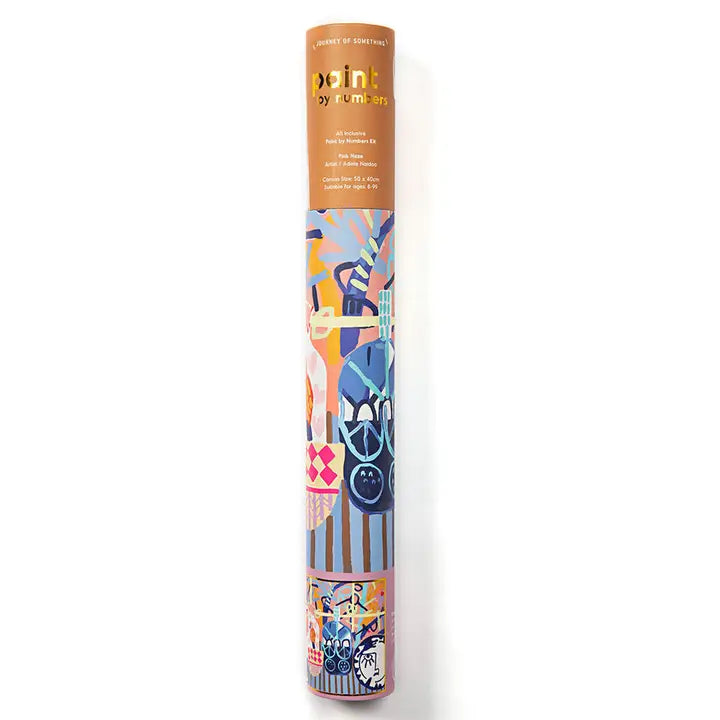 Colorful art supply packaging with abstract designs on a white background