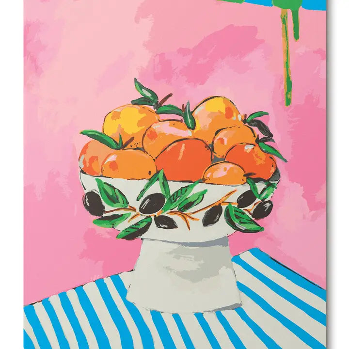 A colorful still life painting of a bowl of oranges and olives on a pedestal, set against a pink background with a blue and white striped surface below.