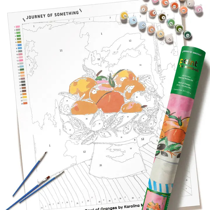 A paint-by-numbers art activity sheet showing a black-and-white map outline with a partially colored orange illustration, alongside a rolled printed tube, paintbrushes, and round color chips on a white background.