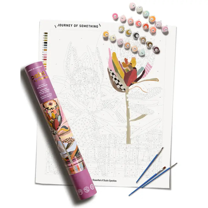 A floral painting kit setup on a white background, featuring a partially colored flower illustration sheet, a purple printed tube, small round color chips, and two paintbrushes.