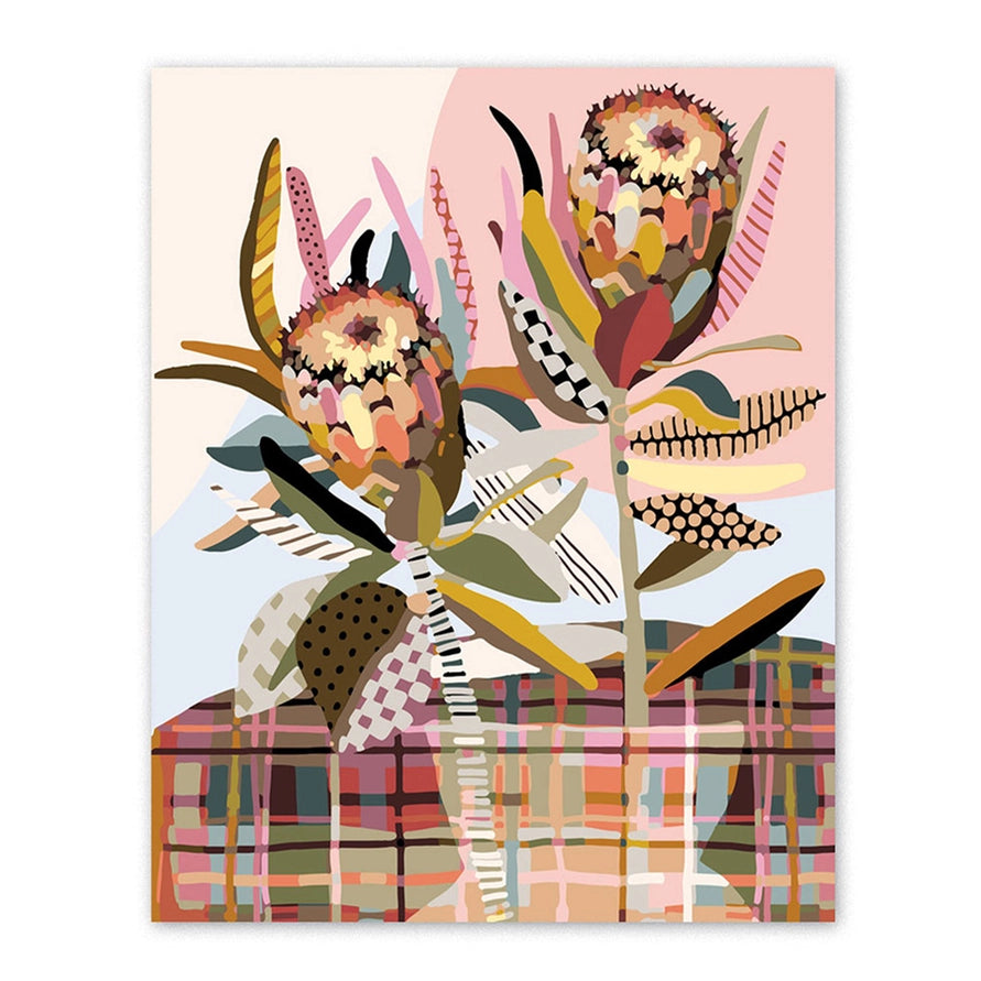 Colorful abstract floral design on a pink background