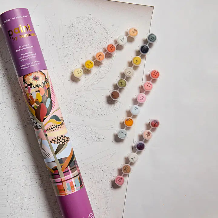 Paint by numbers set with a colorful tube on a textured surface