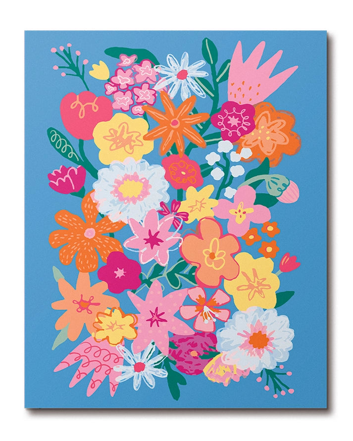 Colorful painting of a floral arrangement on a blue background