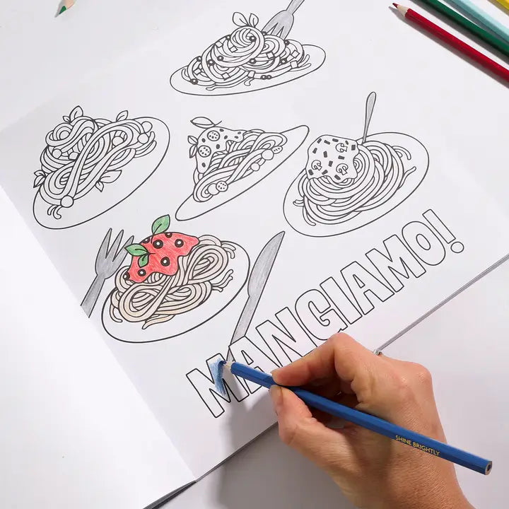 Coloring book page with spaghetti illustrations and a hand holding a blue pencil.