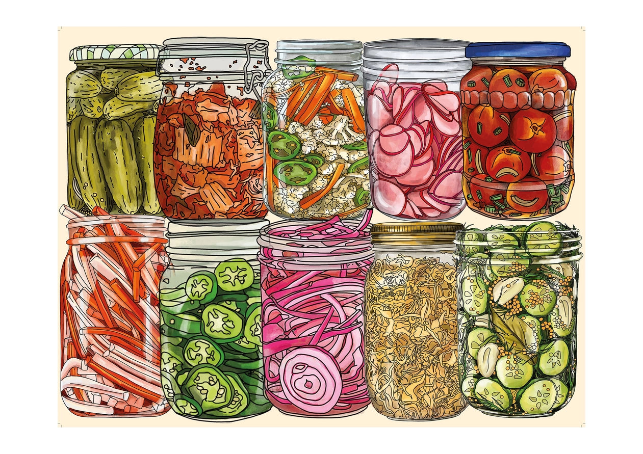 An image of a puzzle full of pickles jars 