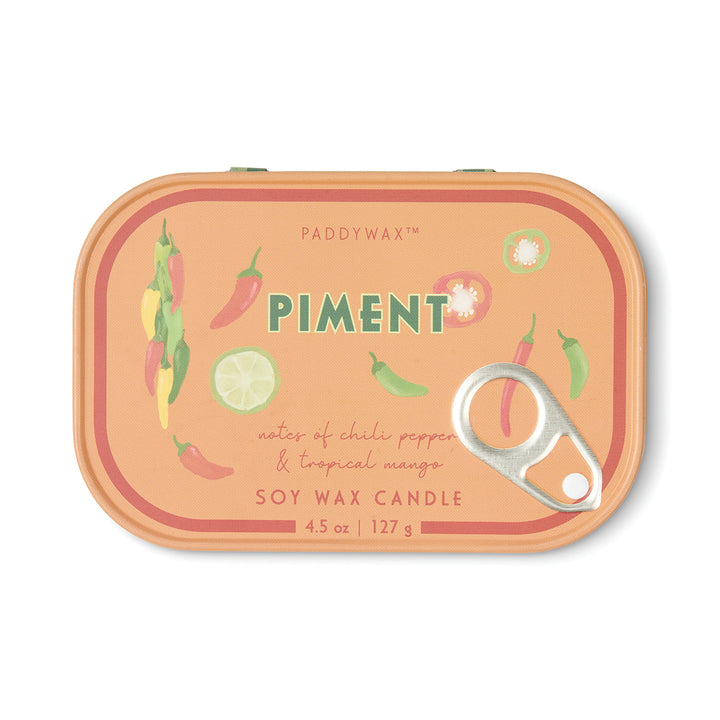 Paddywax Piment candle packaging with chili peppers and lime on a white background