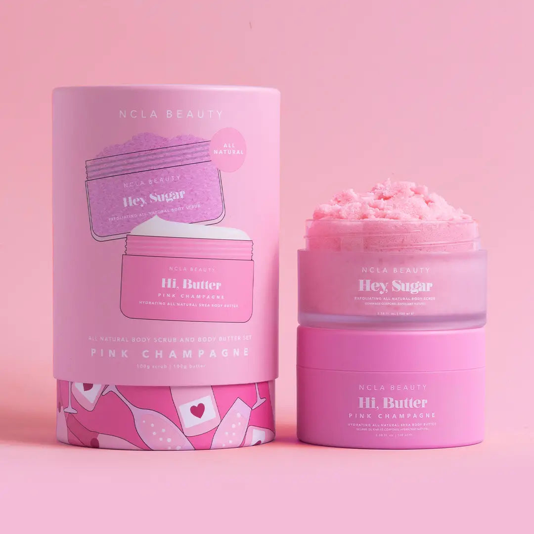 Pink skincare product with packaging on a pink background