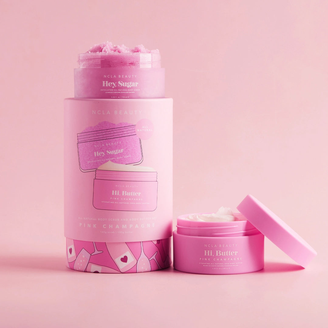 Pink skincare product set with &