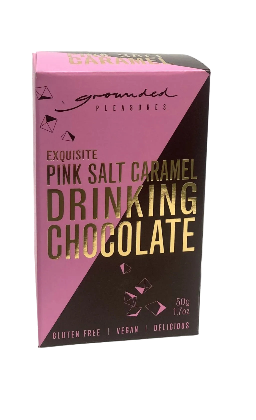 Pink and brown packaging of Exquisite Pink Salt Caramel Drinking Chocolate on a white background