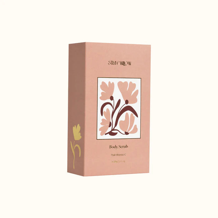 Pink box of Stray Willow body scrub on a white background