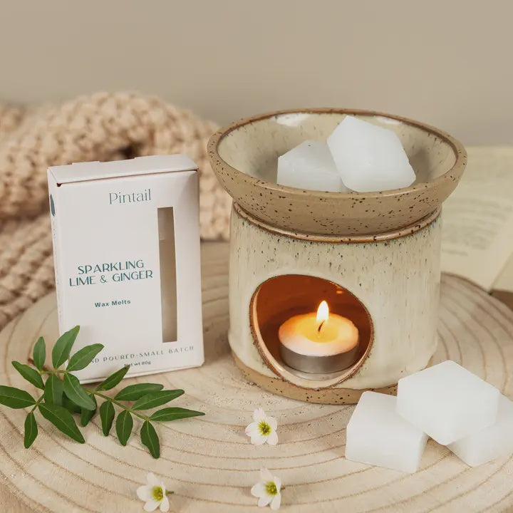 Ceramic wax warmer with a lit candle, Pintail product packaging, and decorative elements on a wooden surface.