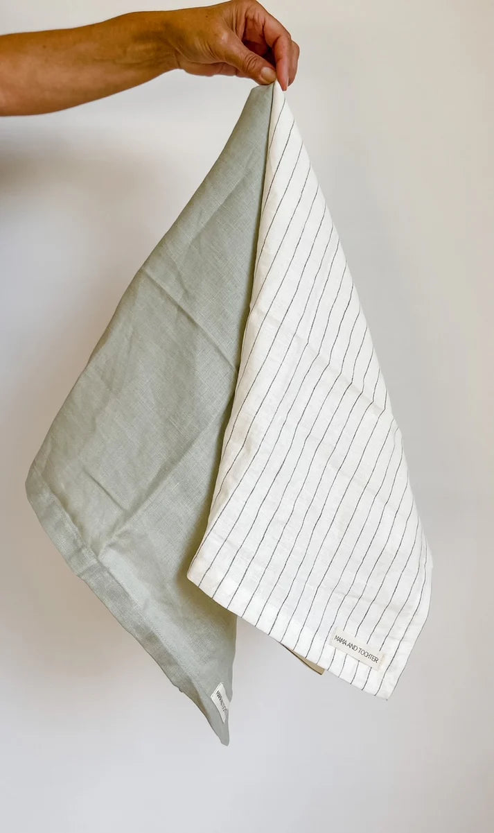 Mama & Tochter Pure French Linen Tea Towel: Olive Stripe