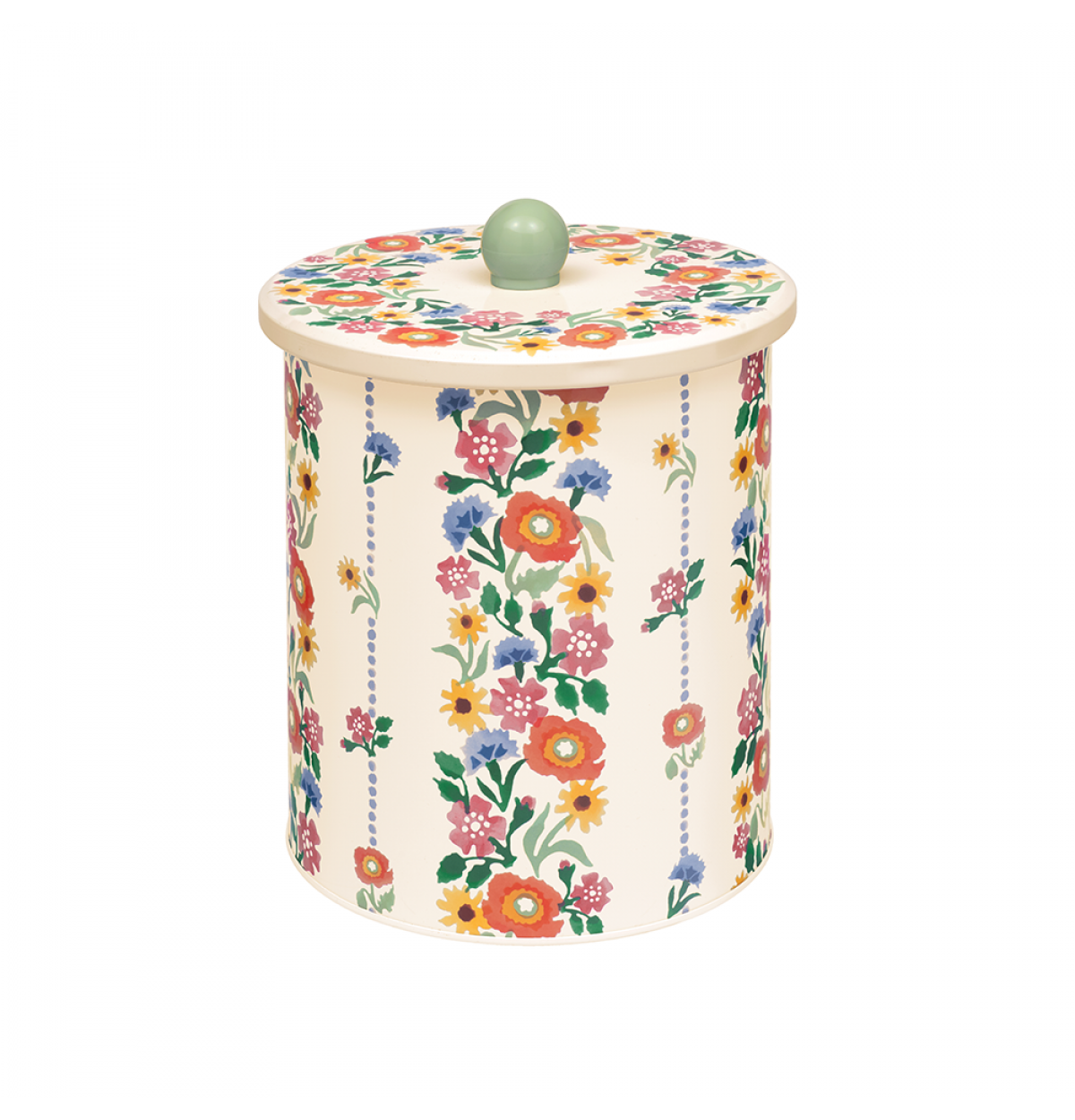A cylindrical lidded storage jar or canister with a cream background and a colorful floral print, featuring a small light green spherical knob on top, shown on a plain white background.