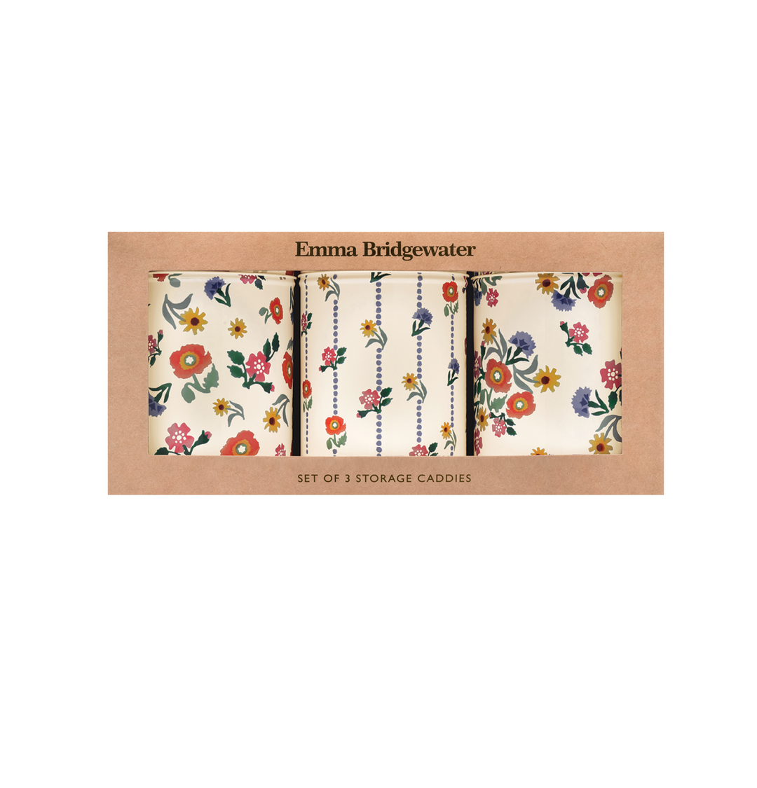 Set of 3 floral storage caddies by Emma Bridgewater in packaging on a white background