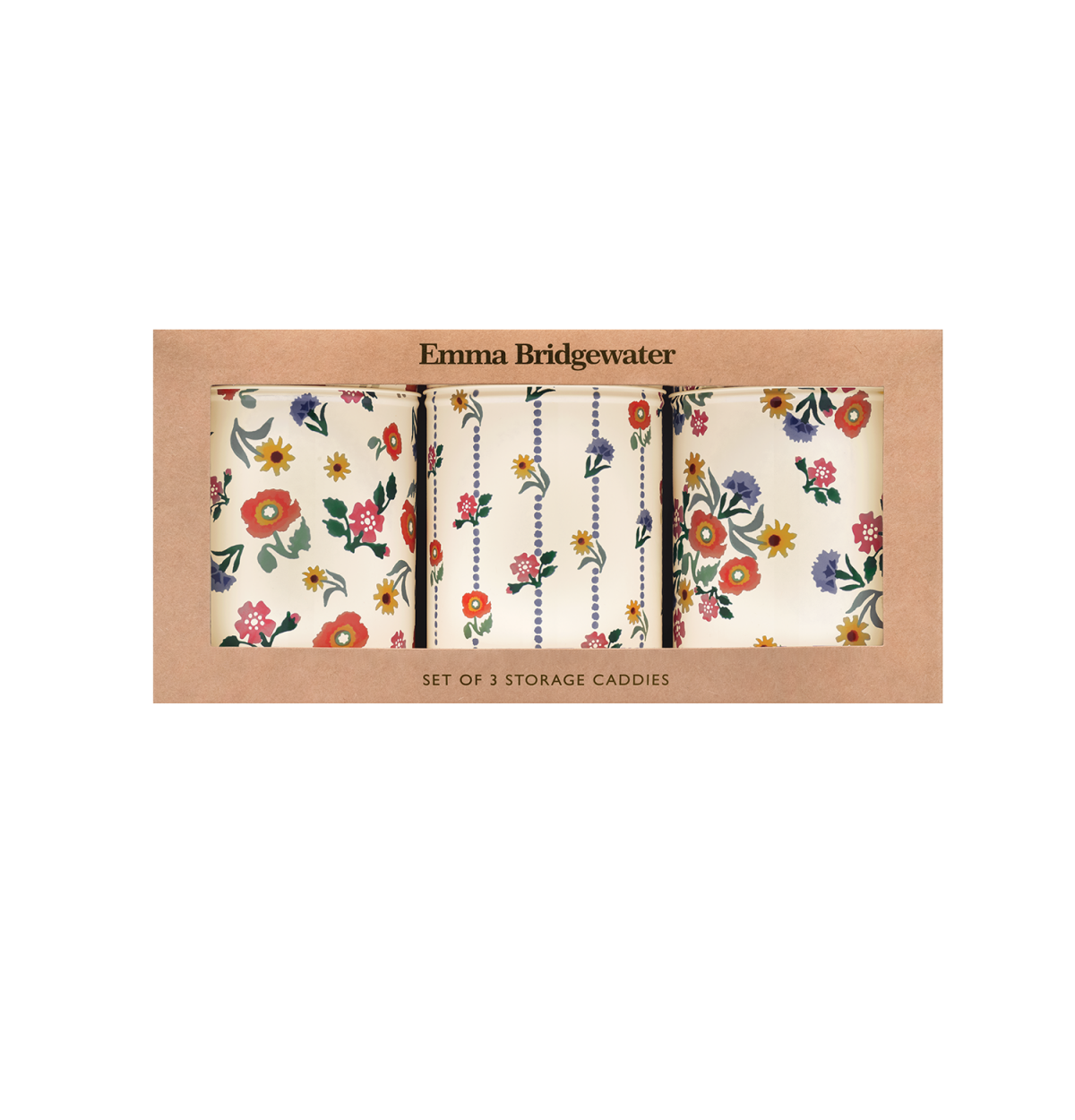 Set of 3 floral storage caddies by Emma Bridgewater in packaging on a white background