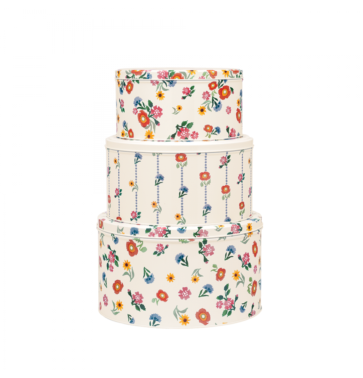 Set of three floral-patterned storage tins on a white background