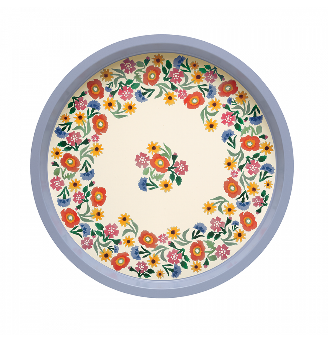 A round metal tray with a light blue-gray rim and a cream-colored center, decorated with a colorful floral pattern of red, orange, pink, blue, and yellow flowers with green leaves.