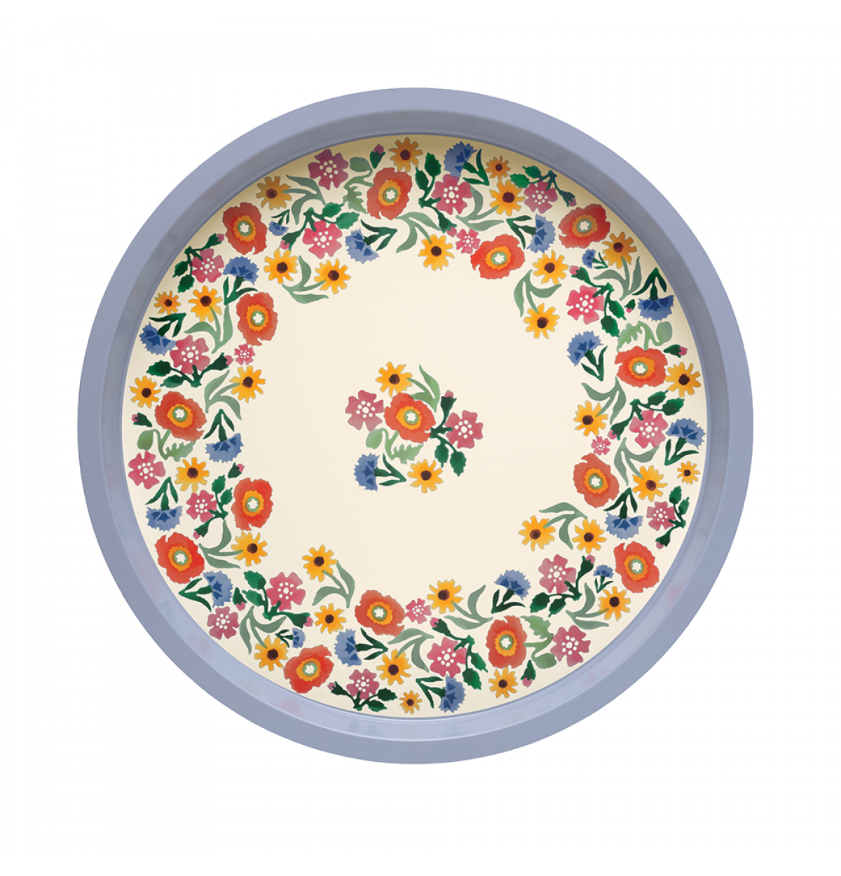 A round metal tray with a light blue-gray rim and a cream-colored center, decorated with a colorful floral pattern of red, orange, pink, blue, and yellow flowers with green leaves.