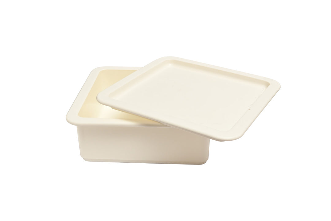 Two beige rectangular containers with lids on a white background