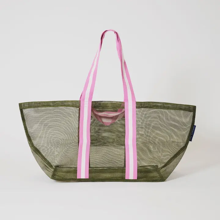 Green mesh tote bag with pink straps on a white background