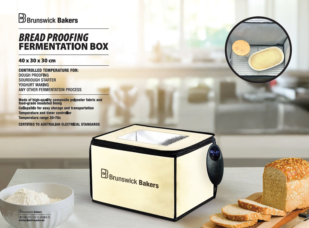 Brunswick Bakers bread proofing fermentation box with bread and ingredients on a kitchen counter.