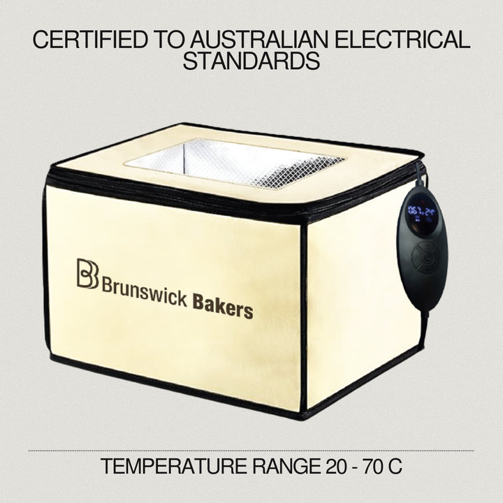 Proofing box with Brunswick Bakers branding on a light gray background