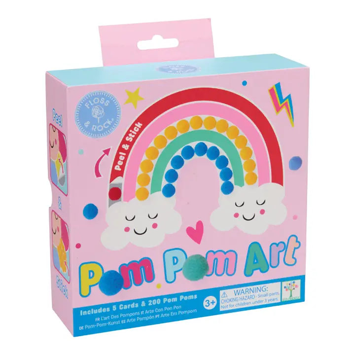 Pom pom art kit packaging with a rainbow and cloud design on a pink background