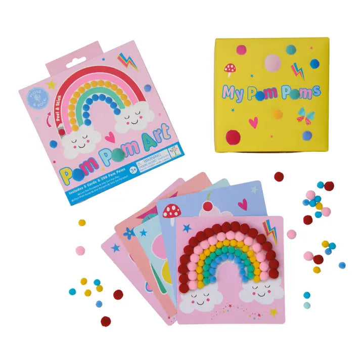 Pom pom art kit with colorful packaging and pom poms on a white background
