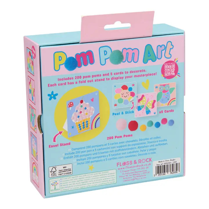 Pom Pom Art packaging with colorful design and text on a white background