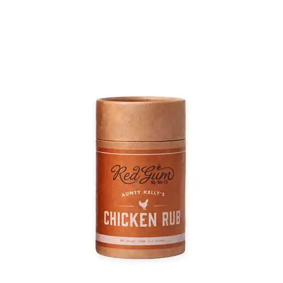 A kraft canister of Red Gum BBQ's Aunty Kelly's Chicken Rub