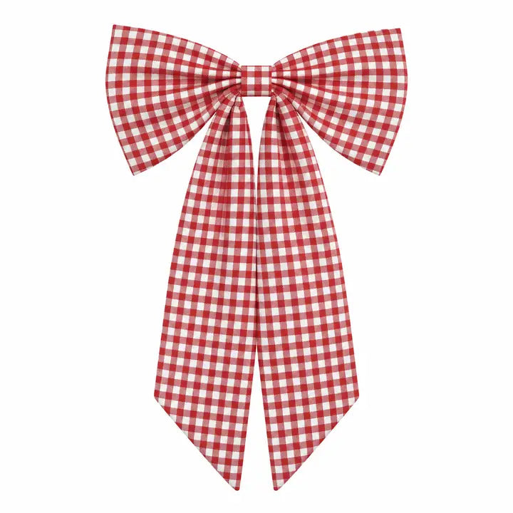 A red and white gingham checkered bow with long tails, displayed against a solid white background.