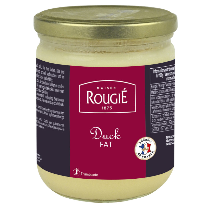 Jar of Maison Rougé duck fat with a gold lid on a white background