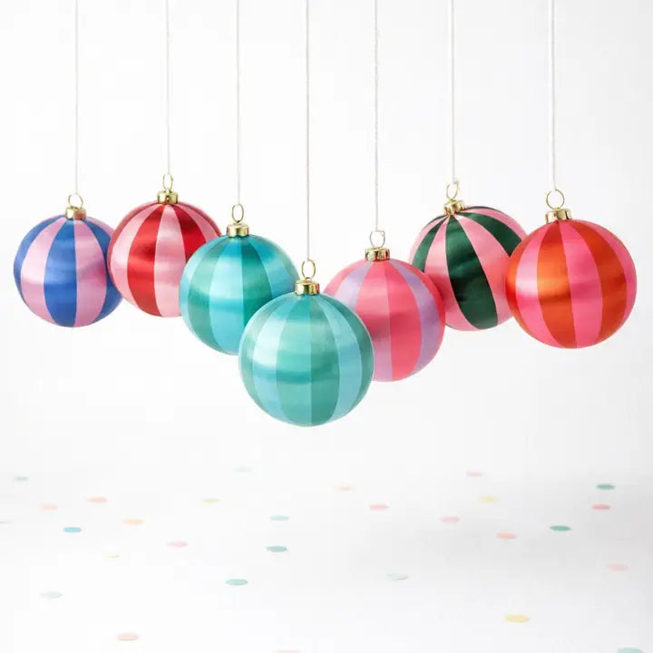 7 striped satin Christmas baubles in different colours with string 