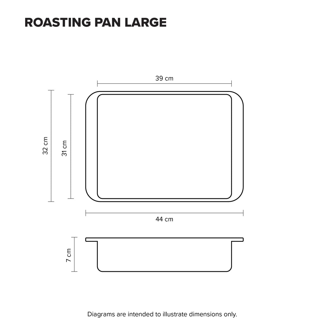 Measurement chart for a large roasting pan with dimensions labeled.