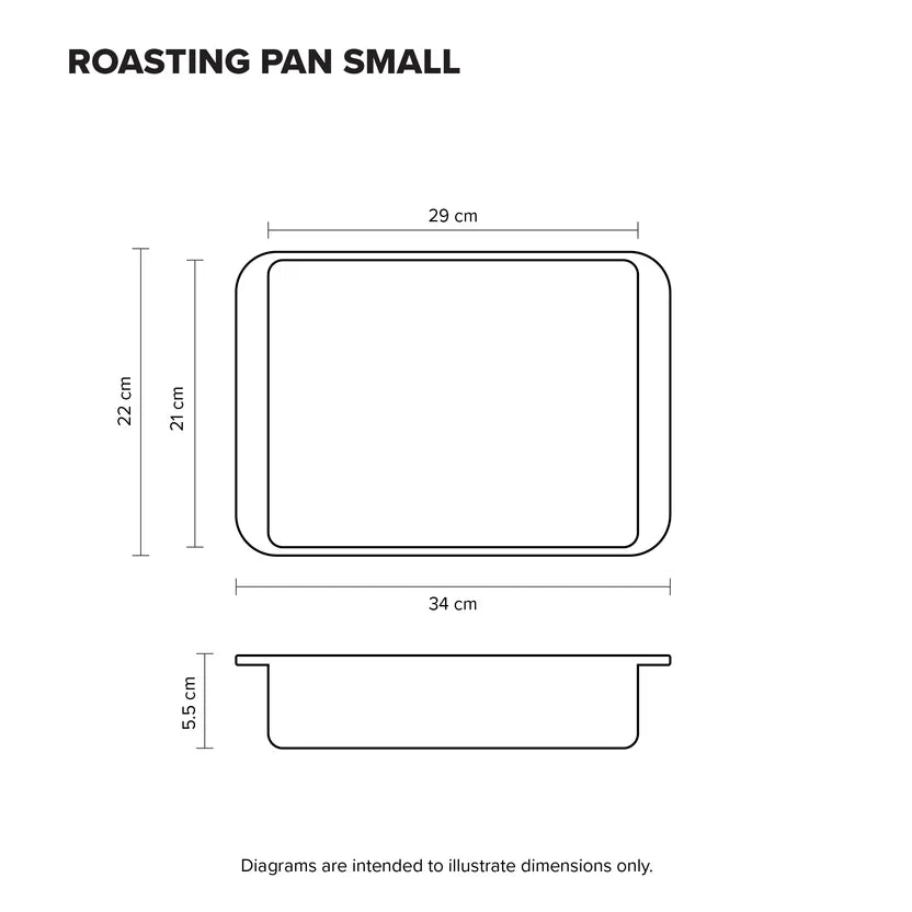Black and white line drawing showing the dimensions of a small roasting pan, with front and side views and measurements in centimeters.