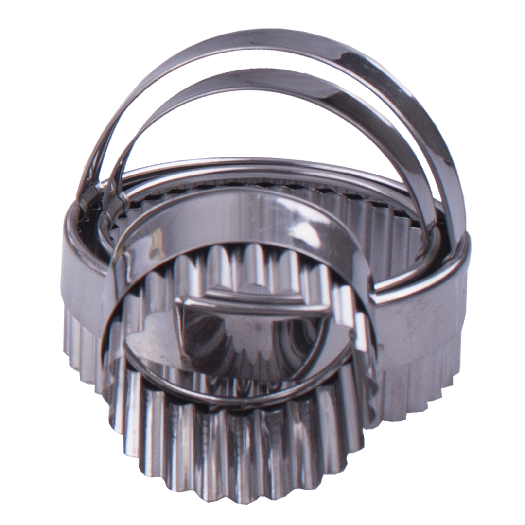 A stainless steel pastry cutter with a fluted circular blade and a curved handle, shown on a plain white background.