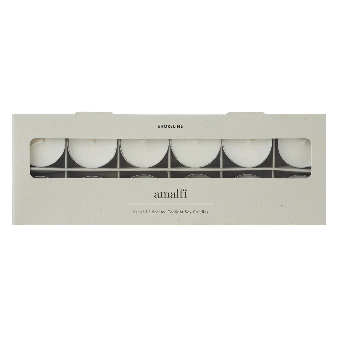 Amalfi Shoreline set of 12 scented twilight soy candles in a rectangular kraft paper box with a clear window showing the white candles inside.