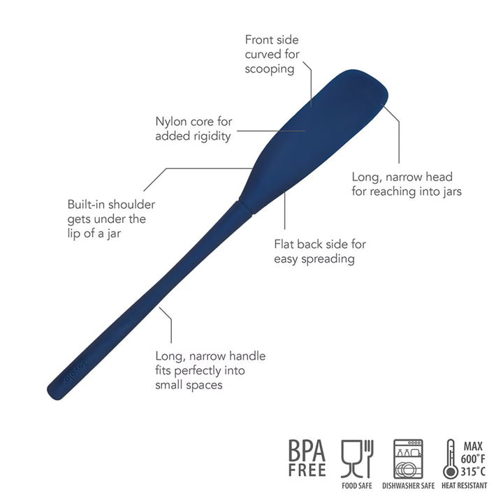 Diagram of a blue spatula with labeled features on a white background