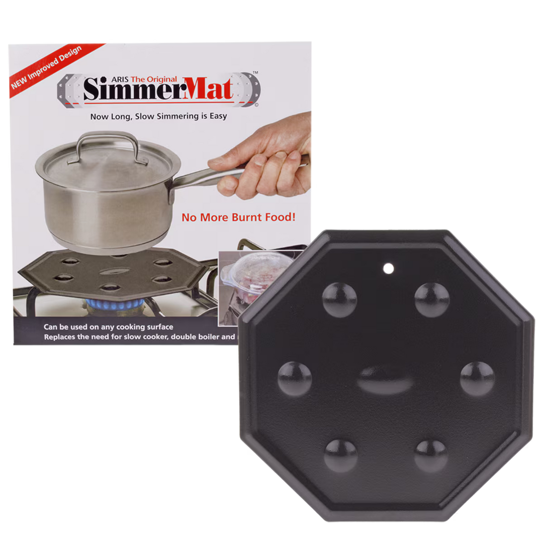 SimmerMat product with packaging and stove top application illustration