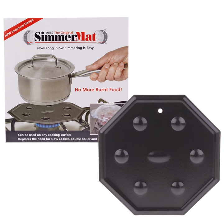 SimmerMat product with packaging and stove top application illustration