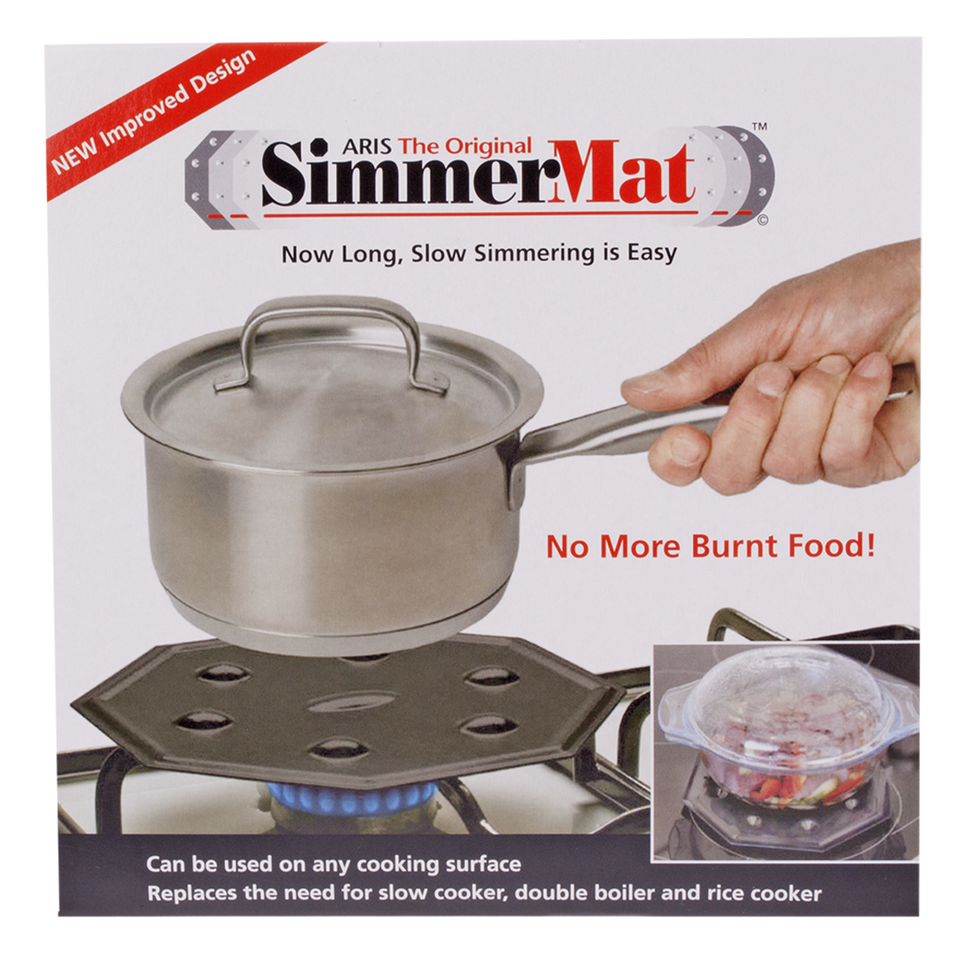 SimmerMat product packaging with a pot on a stove and text highlighting features.