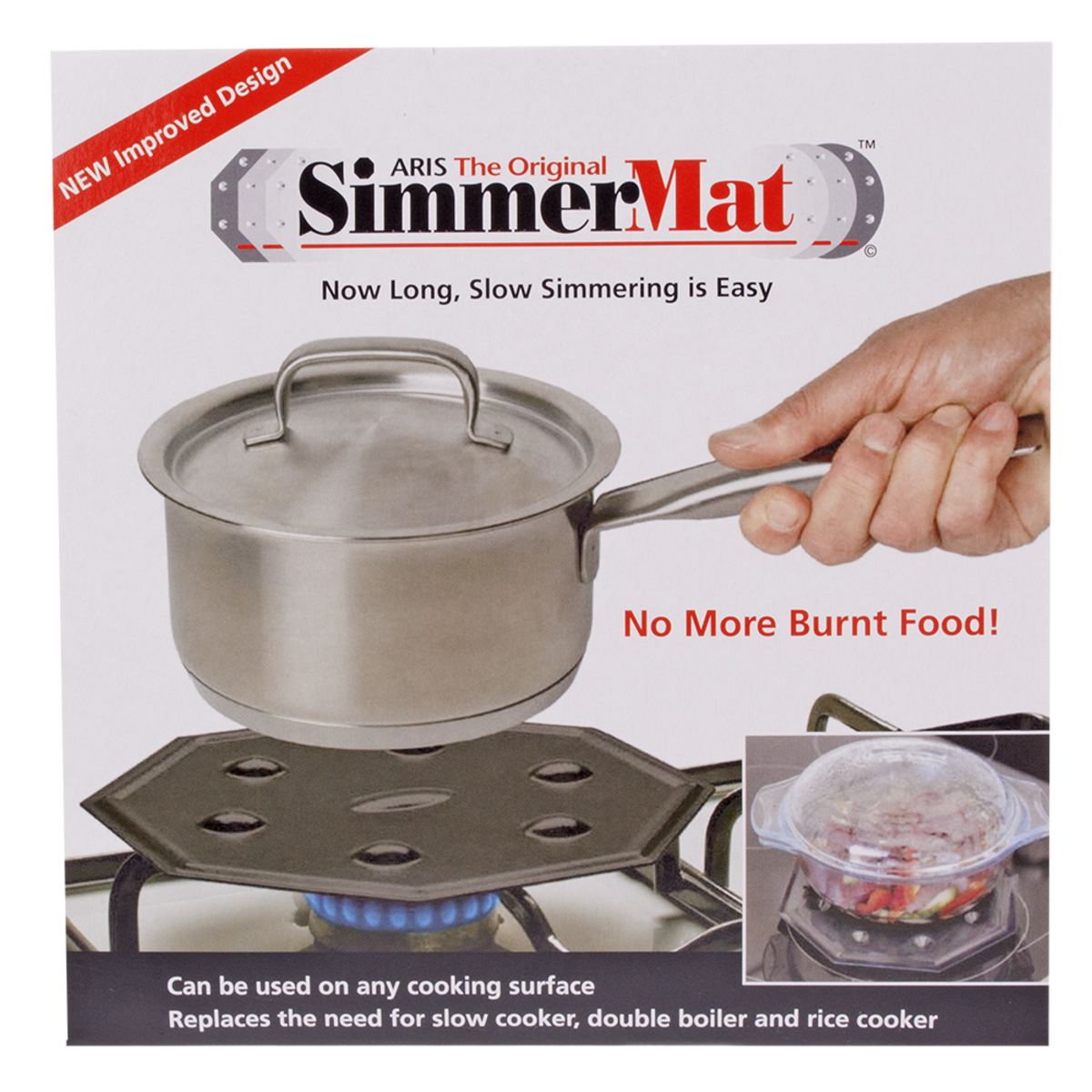 SimmerMat product packaging with a pot on a stove and text highlighting features.