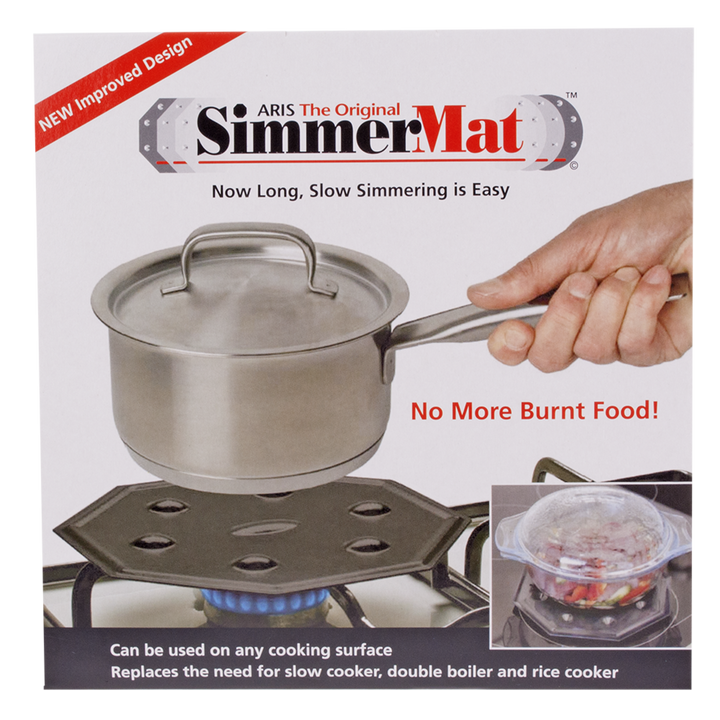 SimmerMat product packaging with a pot on a stove and text highlighting features.