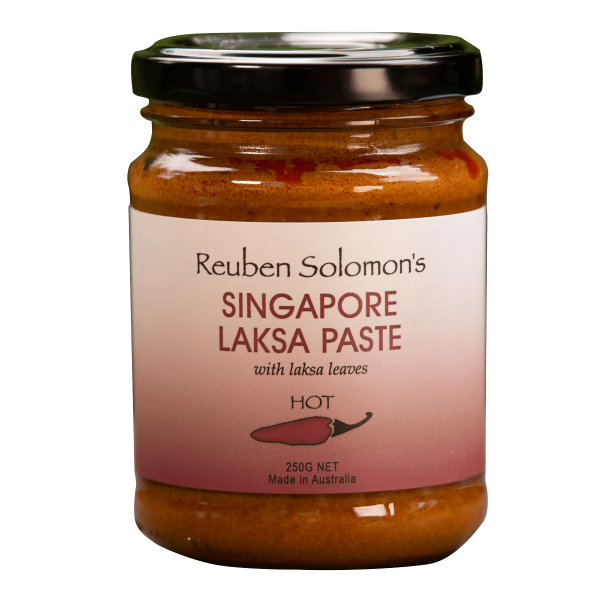 Jar of Reuben Solomon's Singapore Laksa Paste with a black lid on a white background