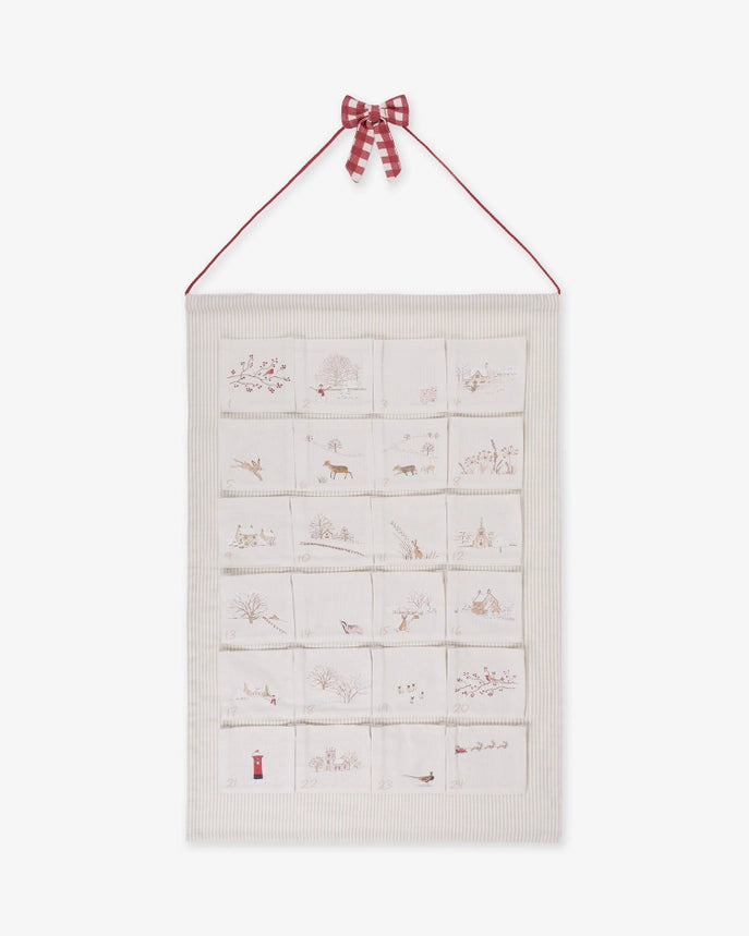 Fabric Christmas advent calendar with red and white gingham bow on a white background