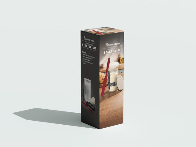 Sourdough starter kit box with images of kitchen items on a white background