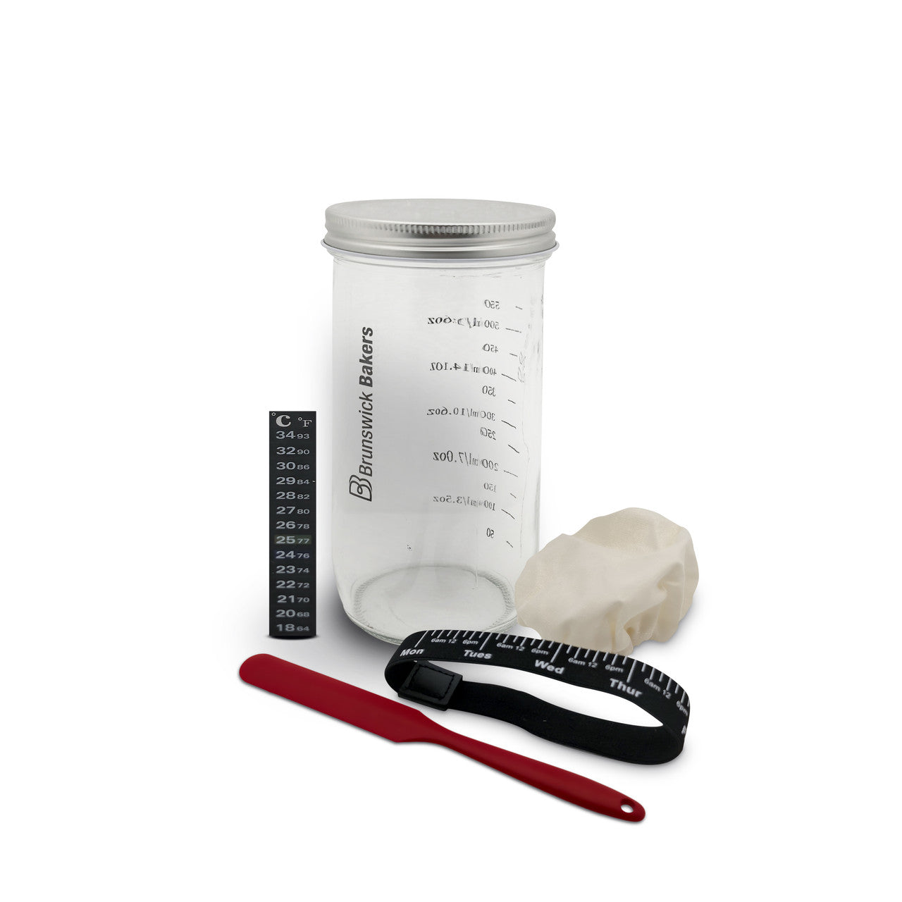 Sourdough starter kit accessories on a white background