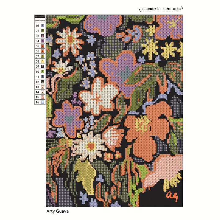 Floral patterned sparkle art design with color swatch on a white background