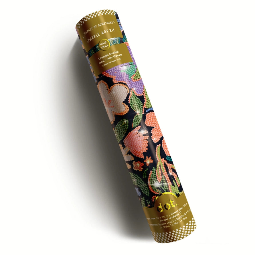 Decorative tube sparkle art kit with floral patterns on a white background