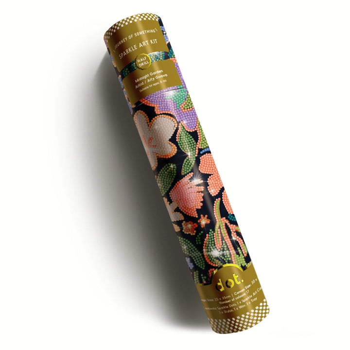 Decorative tube sparkle art kit with floral patterns on a white background